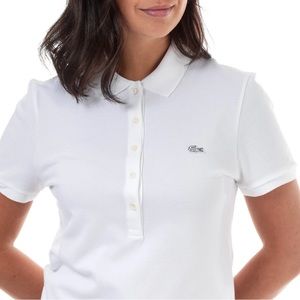 Women’s White Lacoste slim fit stretch pique Polo - White Alligator Logo.
